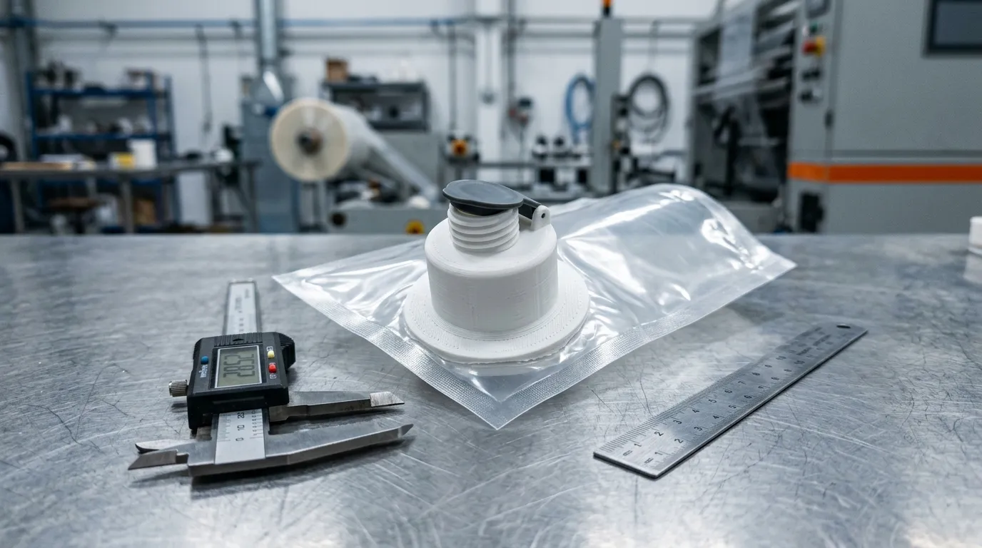 Illustrative render of a printed pouch closure prototype test-fitted onto clear stand-up pouch film beside a caliper