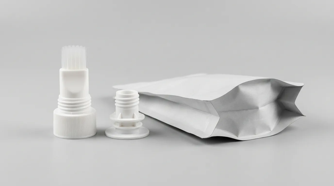 Cosmetic brush spout cap fitment beside folded doypack pouch film for low-temperature sealing