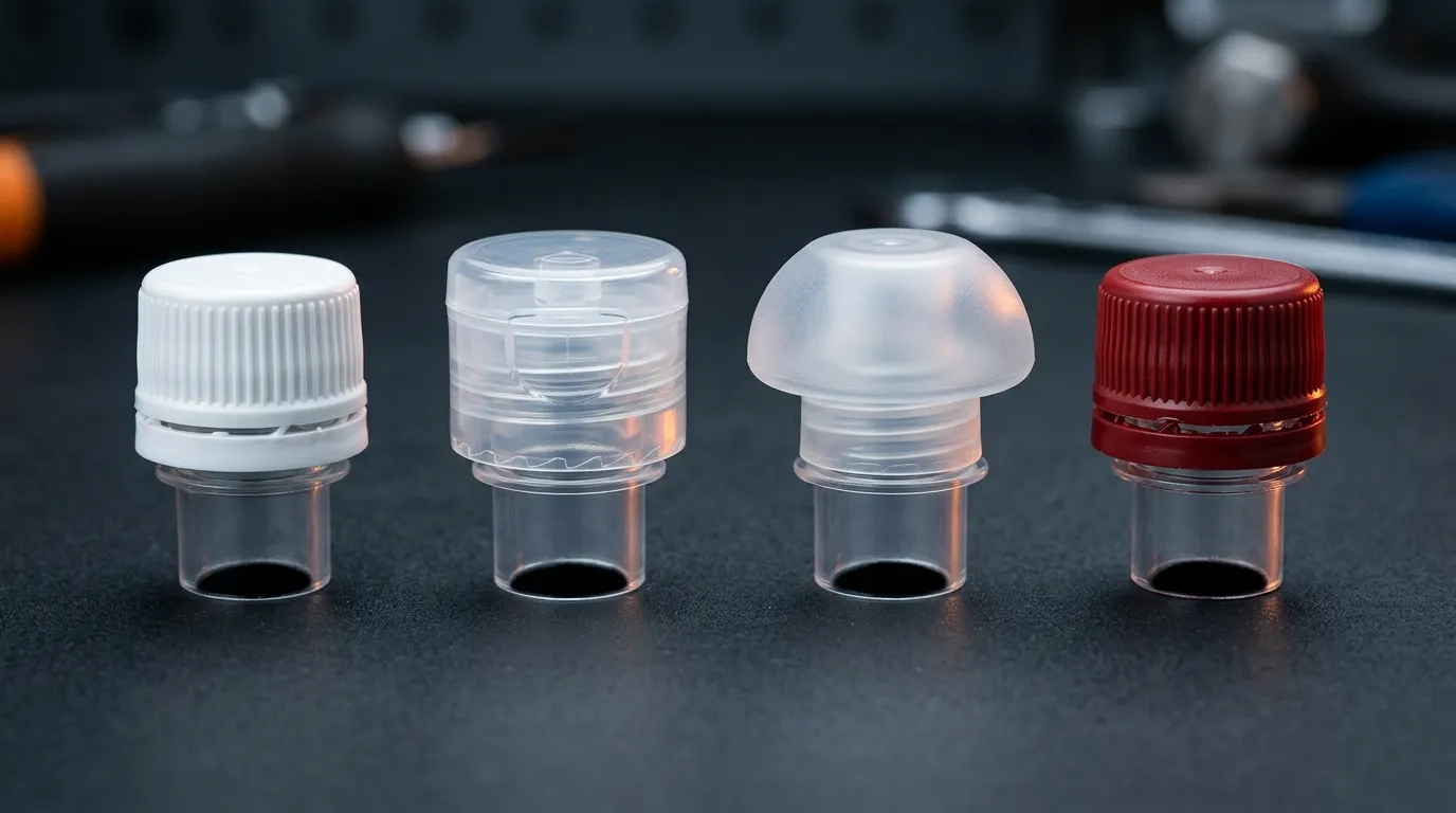 Screw, flip-top, anti-choking mushroom and tamper-evident spout caps for stand-up pouches compared side by side