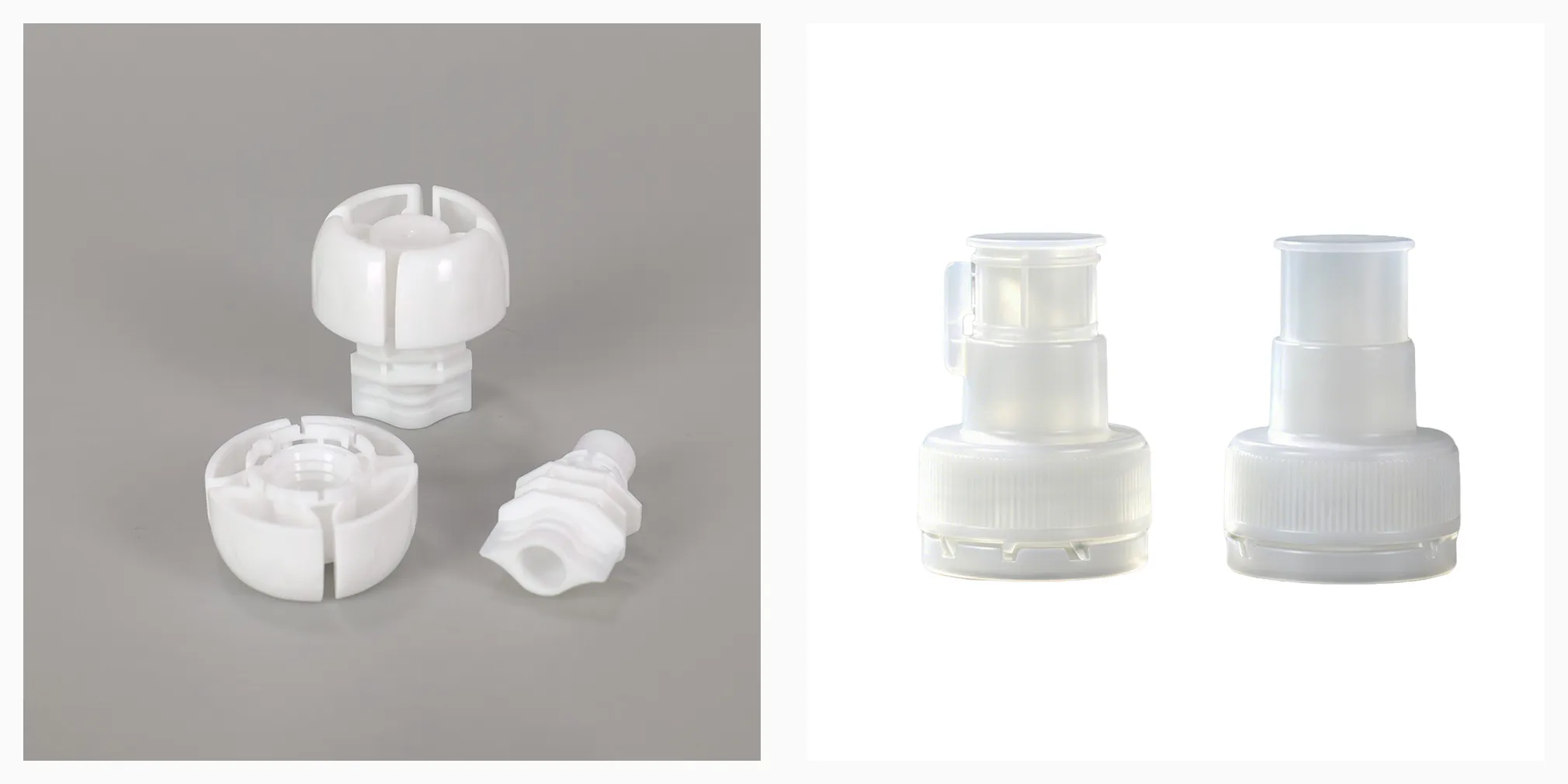 Two white plastic spout caps side by side: a mushroom-head child-resistant cap and a tamper-evident cap with a breakaway ring at the base of the skirt