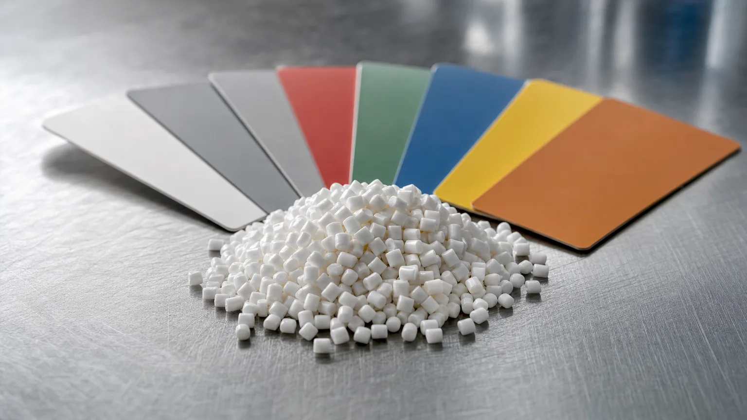 A color reference fan beside a pile of white PP resin pellets, the two ingredients behind a molded color