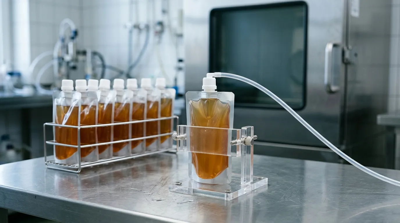 A filled spouted pouch clamped in a transparent leak-test fixture beside a chamber rack of identical samples