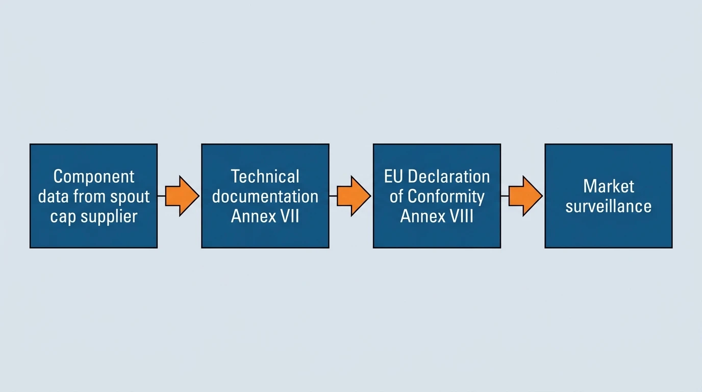 Documentation flow: component data from the spout cap supplier into Annex VII technical documentation, then the Annex VIII declaration of conformity, then market surveillance