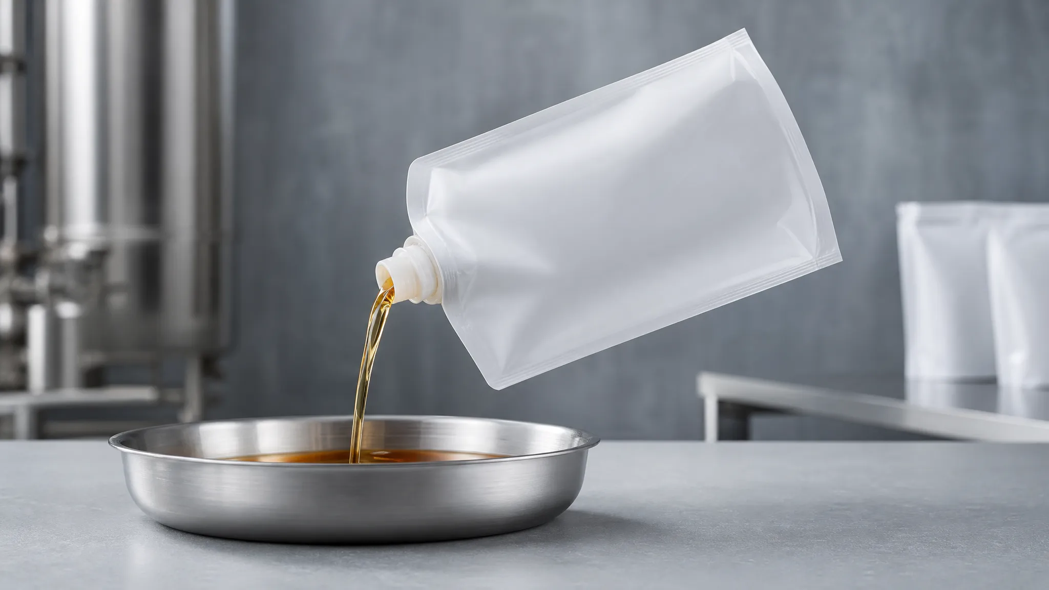 A white spouted stand-up pouch tilted over a stainless steel bowl with a clean stream of amber liquid pouring from the spout in the top corner