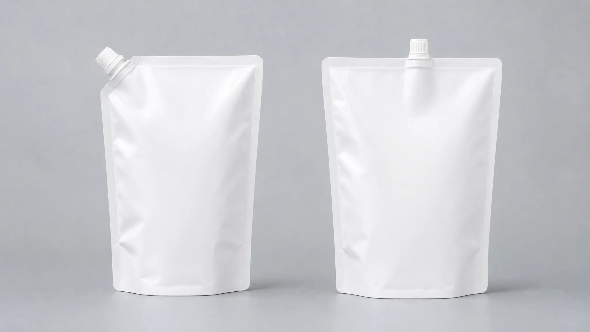 A white stand-up pouch with a spout welded into one top corner beside an identical pouch with the spout centered in the top seal, photographed on a light gray surface