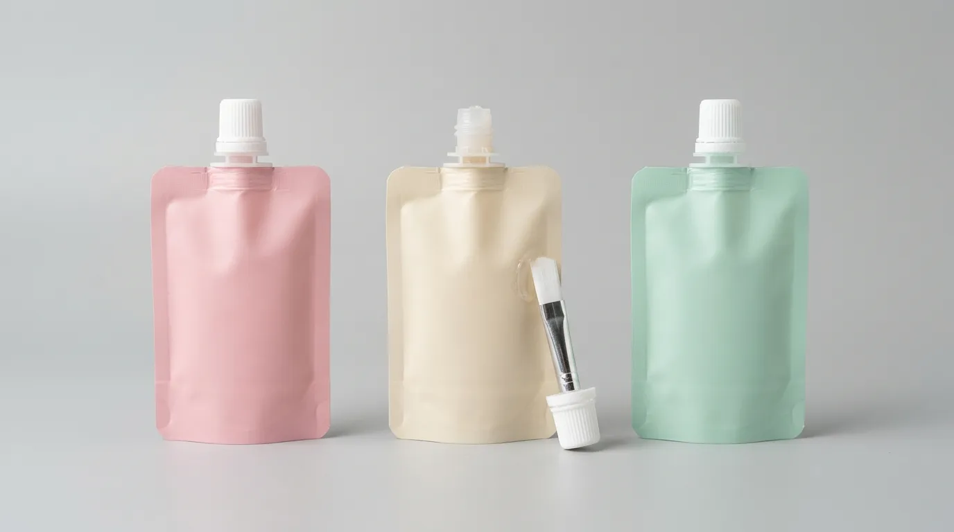 Three small cosmetic sample stand-up pouches in pastel pink, cream and mint with integrated brush spout caps