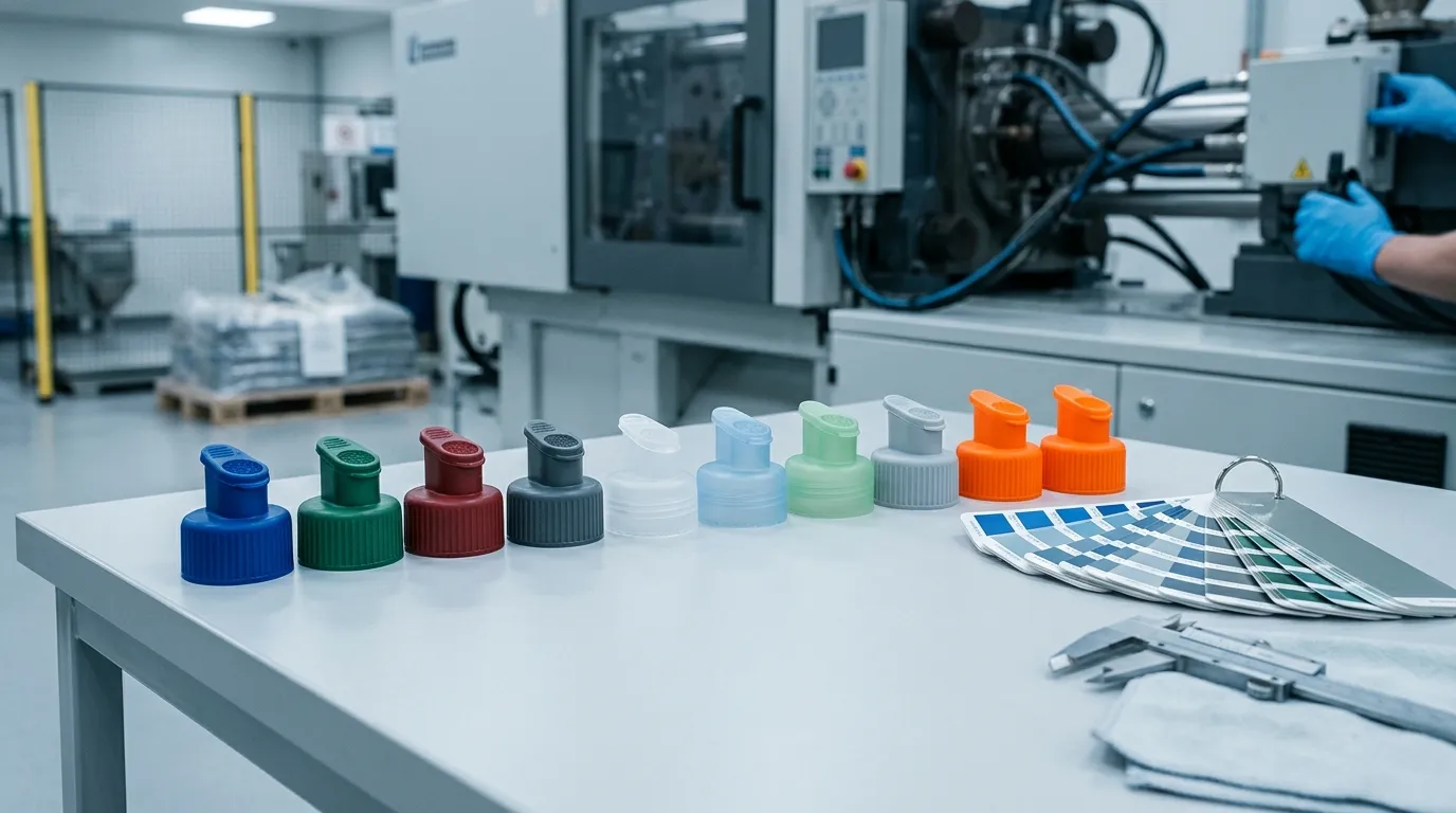 Row of injection-molded spout caps in different solid colors and frosted finishes on an inspection bench