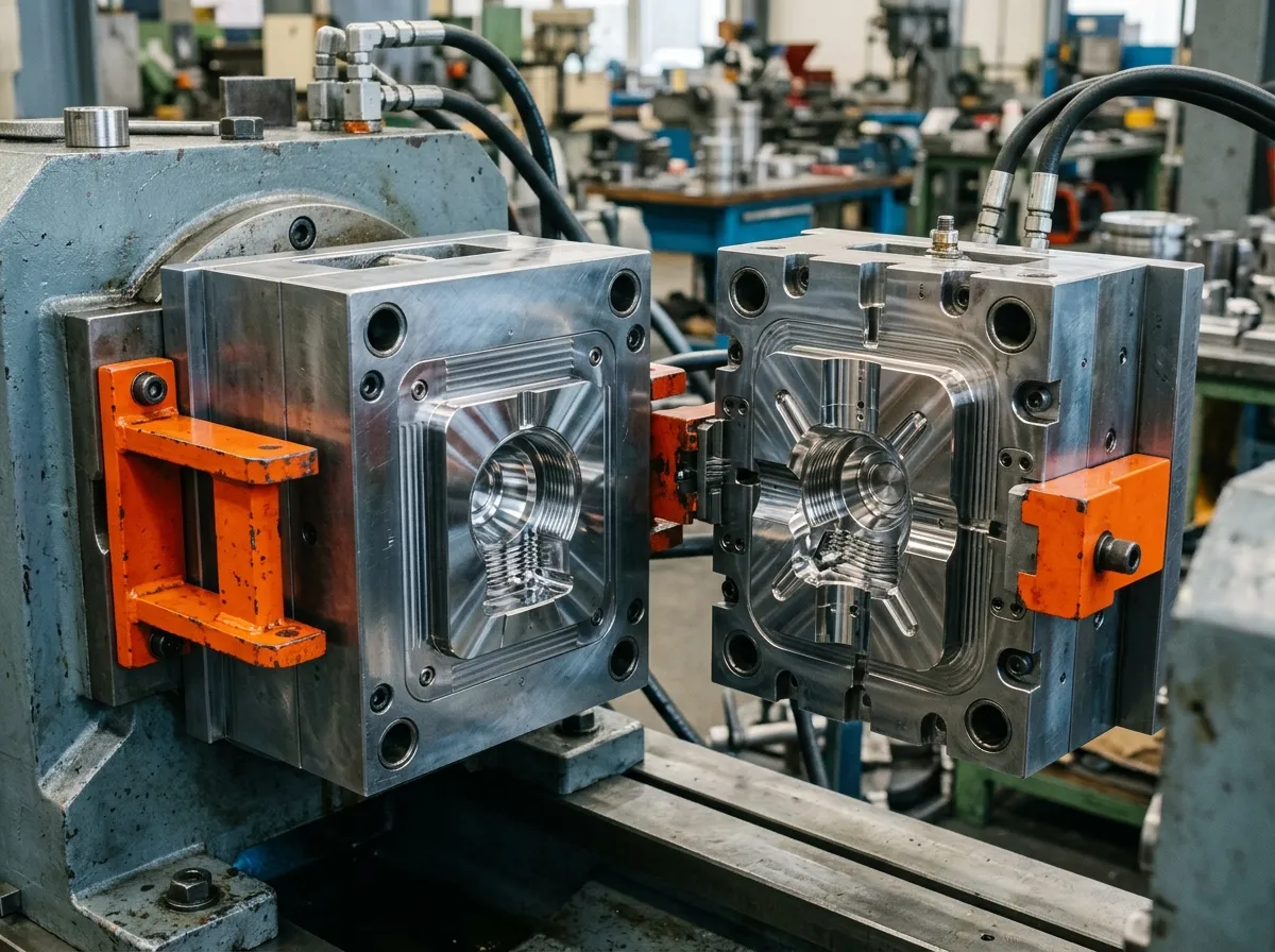 Open steel injection mold cavity machined for a custom plastic spout cap