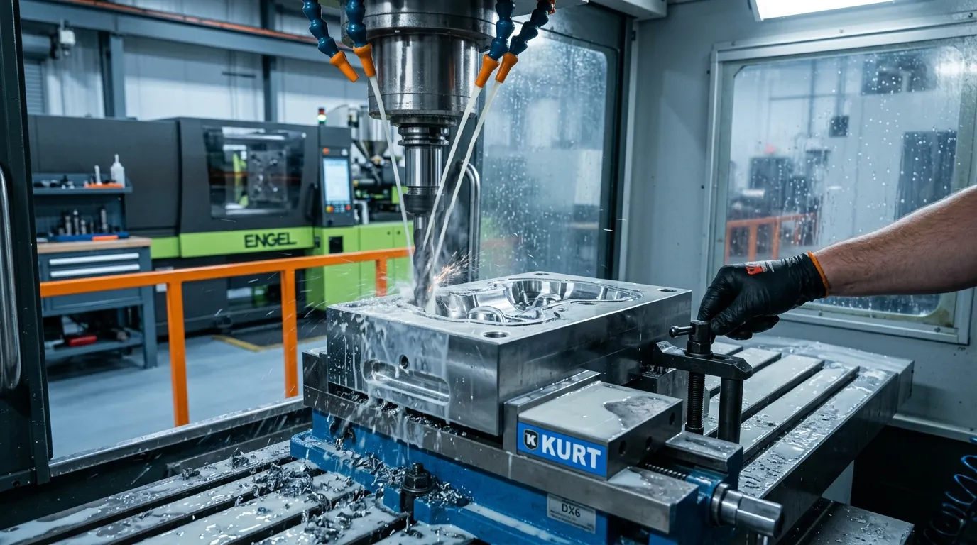 Close-up of a machined multi-cavity steel mold for custom pouch spout caps, the cavity finish that defines cap precision