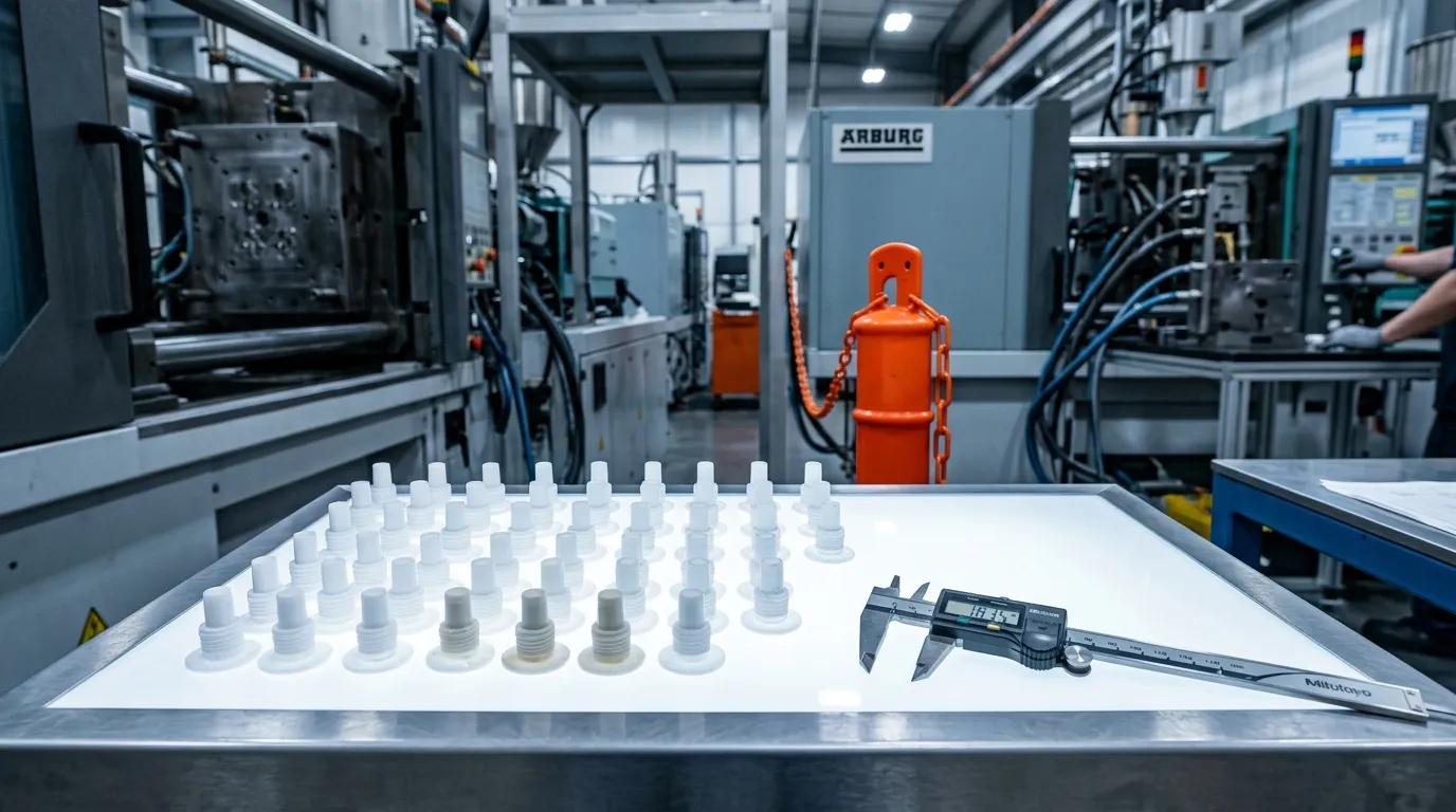 Trial-shot custom spout caps arranged on a QC inspection light table for dimensional and sealing checks before sample approval