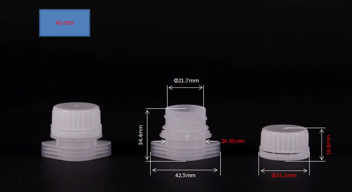 Dimensioned product photograph of a 22 mm spout cap assembly (RD-095) for a pharmaceutical pouch, showing the spout bore, thread and flange dimensions
