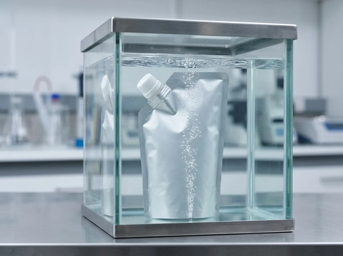Filled spout pouch submerged in a water-bath vacuum chamber for a bubble-emission leak test, bubbles showing the leak point