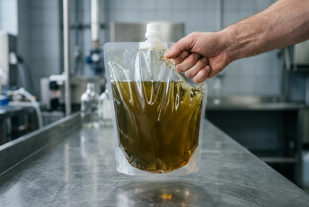 A hand gripping the top corner of a heavy refill pouch so the film sags, the spout cap standing upright