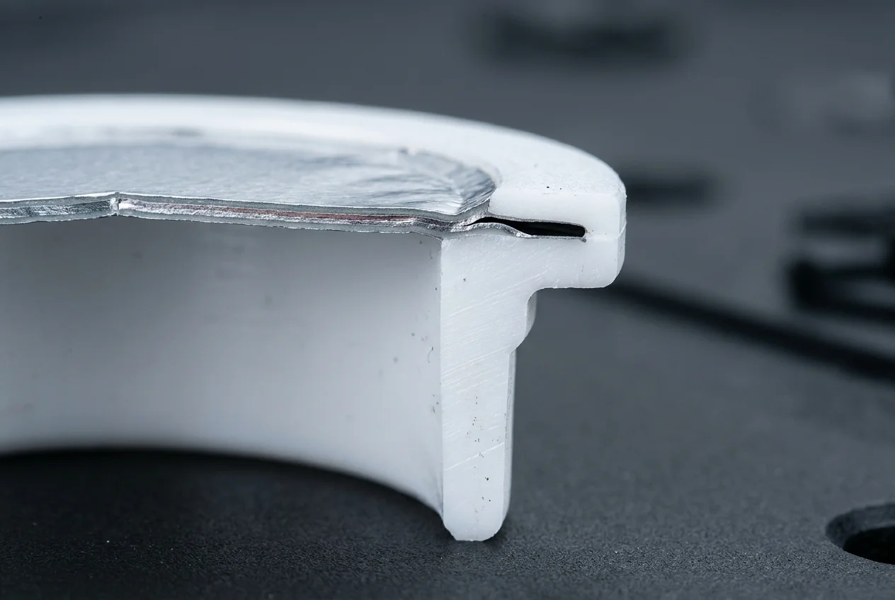 A macro of the spout land edge with the foil membrane fused over it, an unwelded channel where the disc wrinkled