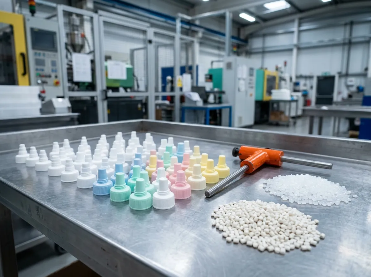 Food-grade plastic spout caps in white and pastel colors beside piles of translucent resin pellets on a quality-inspection table