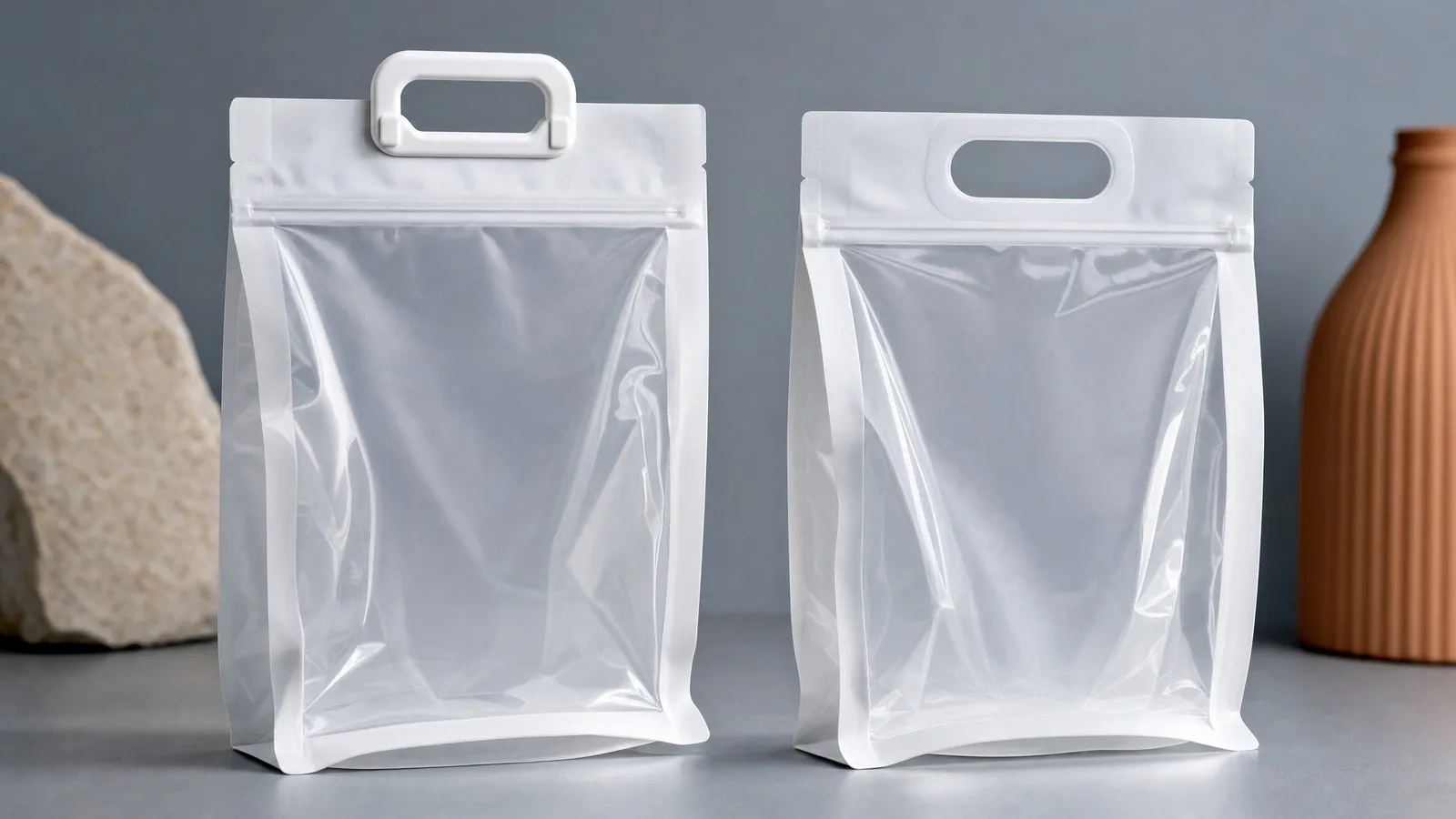 Two stand-up pouches on a gray surface: one with a molded handle welded to its film, one with an oval aperture die-cut through its own film