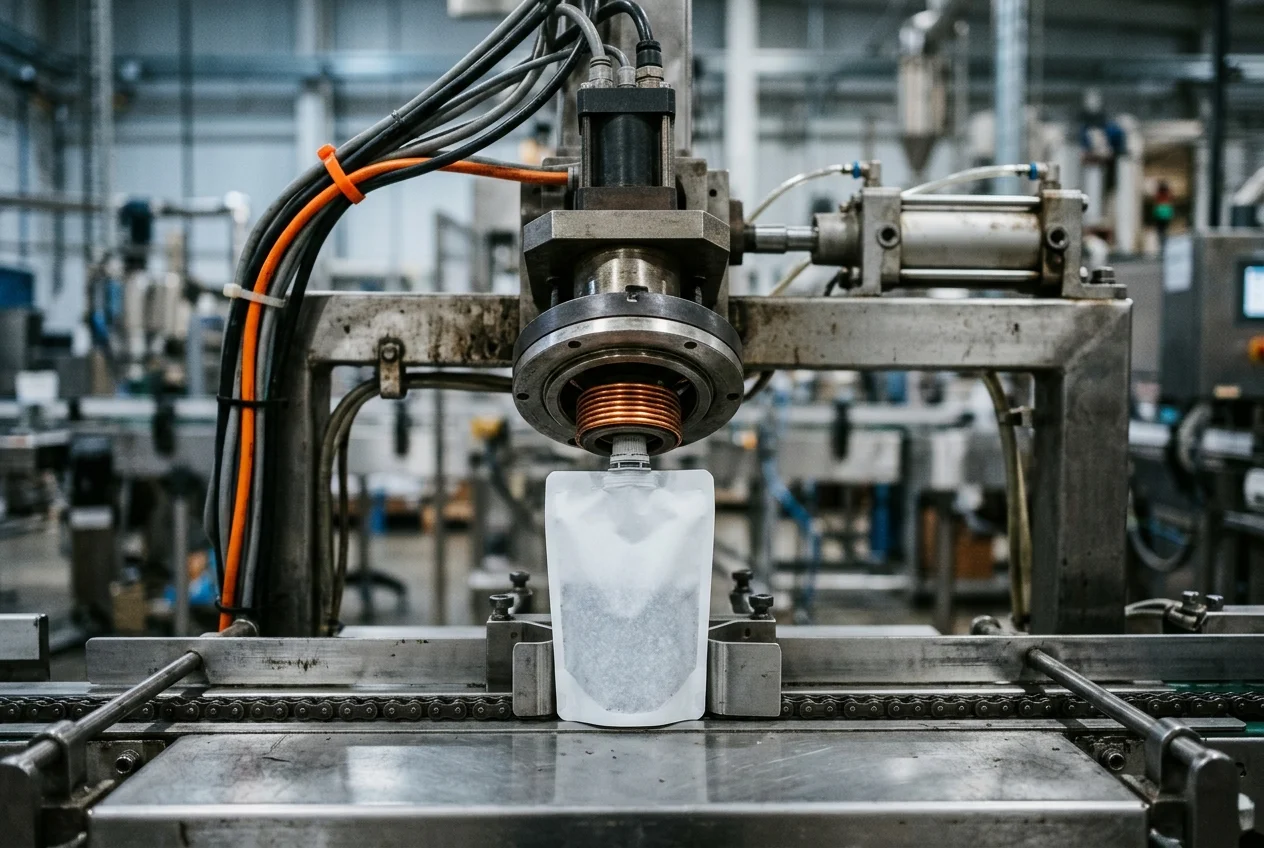 An induction sealing head with its copper coil lowered over the spout of a filled stand-up pouch on a stainless conveyor