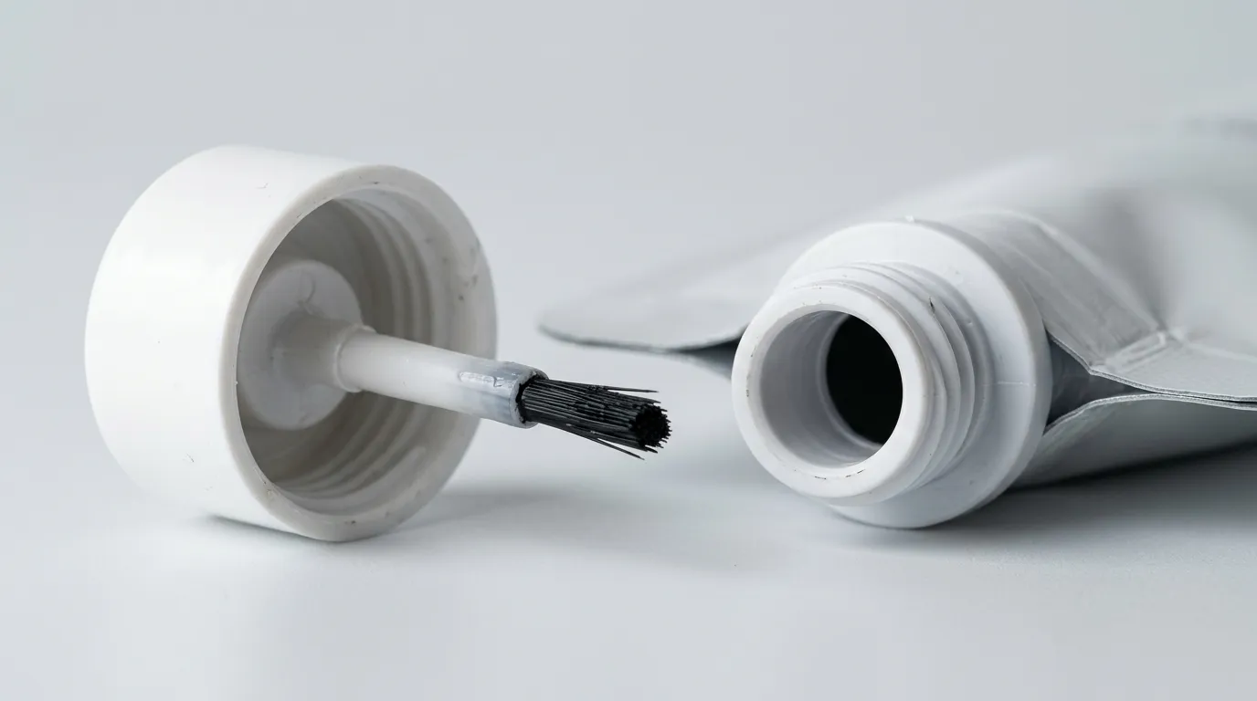 Integrated cosmetic brush spout cap with the screw cap open showing the applicator brush rod beside the pouch spout fitment