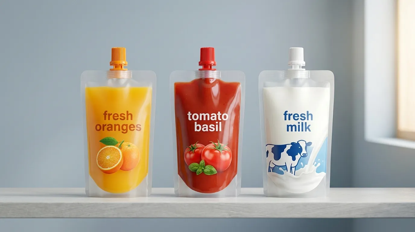 Juice, sauce and dairy stand-up pouches with food-grade spout caps