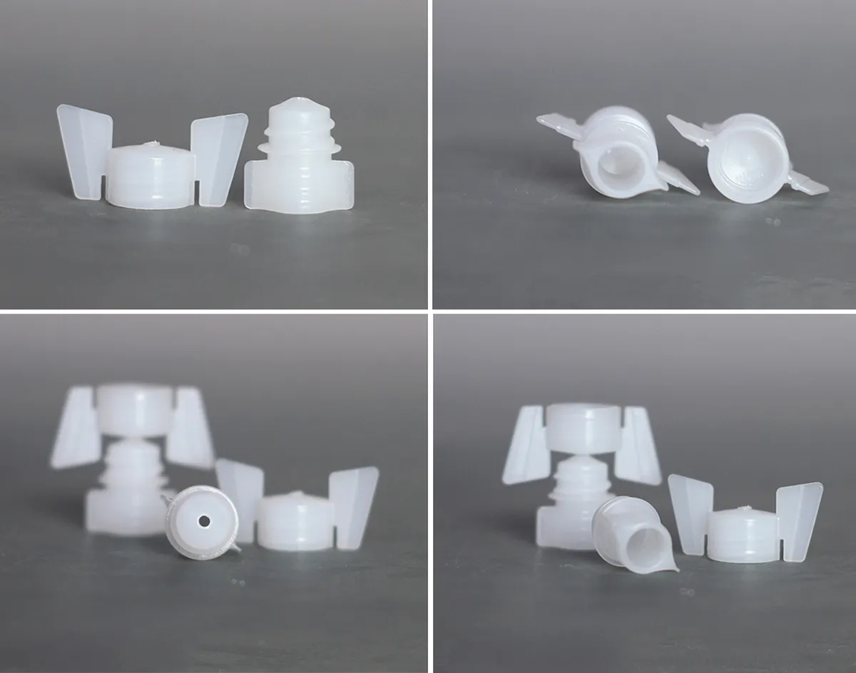 Small white plastic spout fitment with a narrow mini twist-off cap for medical and oral liquid pouches