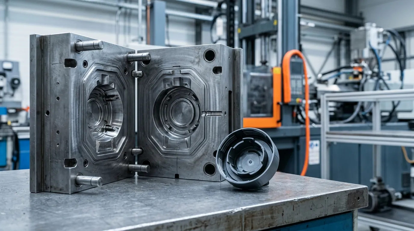Open steel injection mold with a just-ejected special-shaped cap beside it, cavity and draft surfaces visible