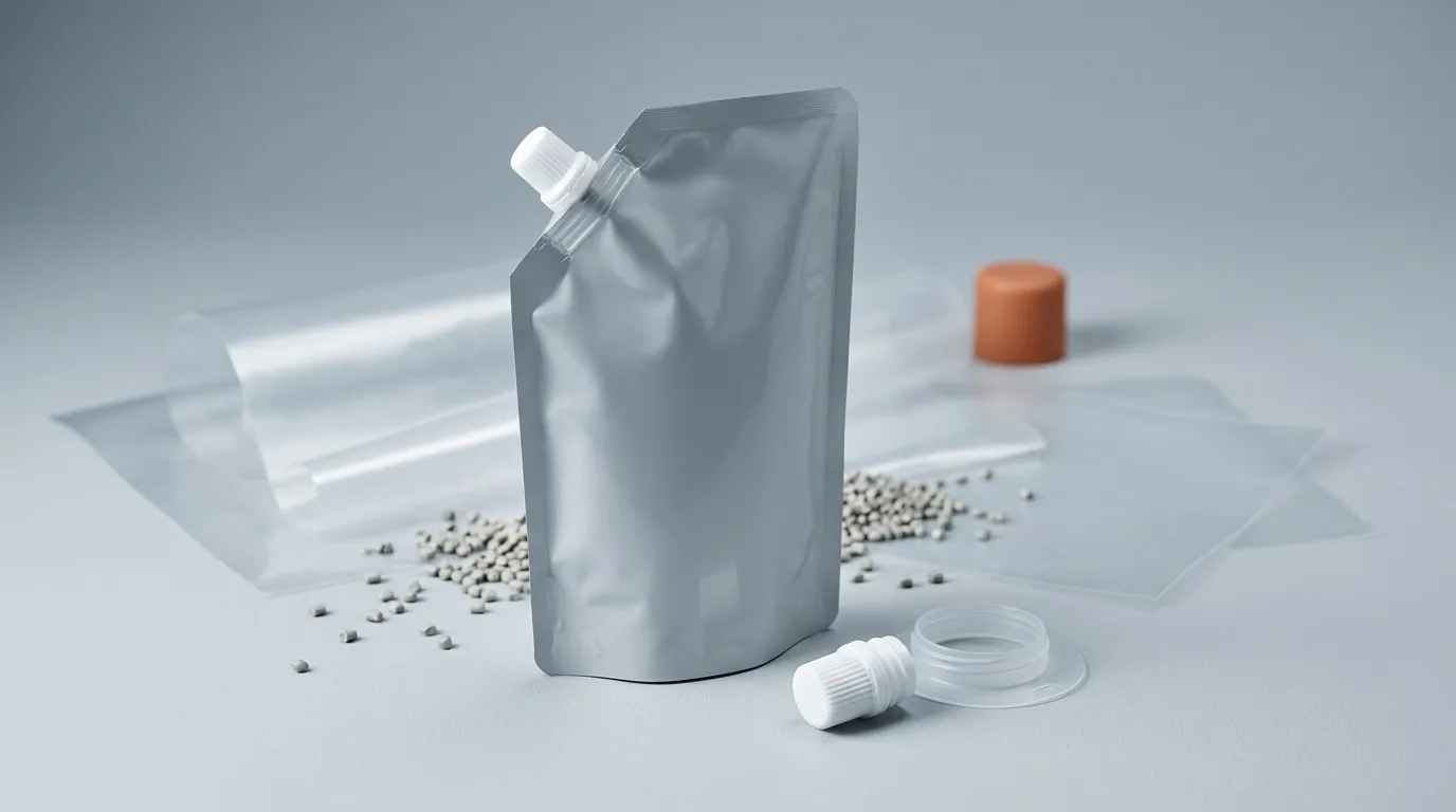 Mono-material PE stand-up pouch with a low-temperature-sealed spout cap beside loose PE film and pellets for recycling