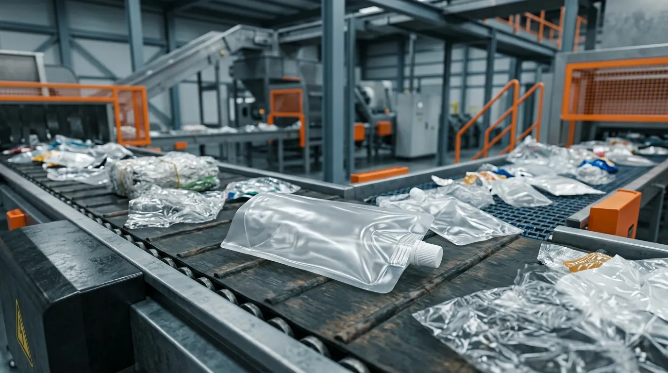 Transparent mono-material PE stand-up pouch with a white spout cap on a recycling sorting conveyor