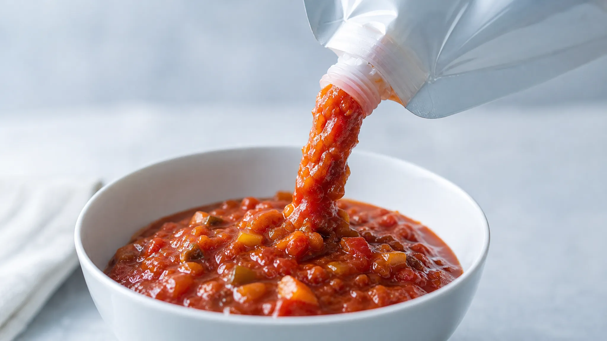 Chunky tomato sauce with visible diced vegetable pieces squeezed from a spout pouch into a bowl