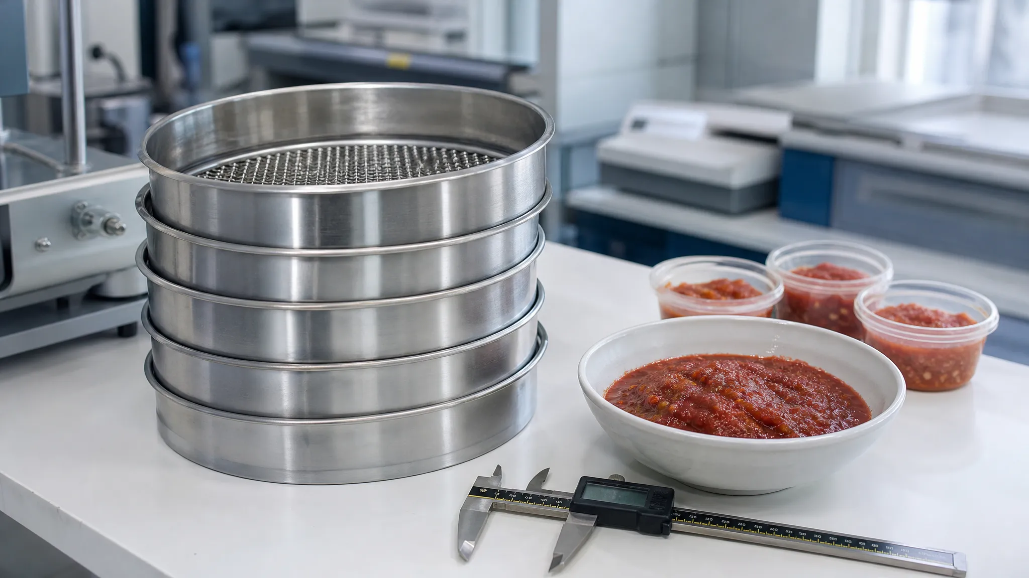 Quality-control bench with a stack of test sieves, sauce samples and calipers for a particulate flow test