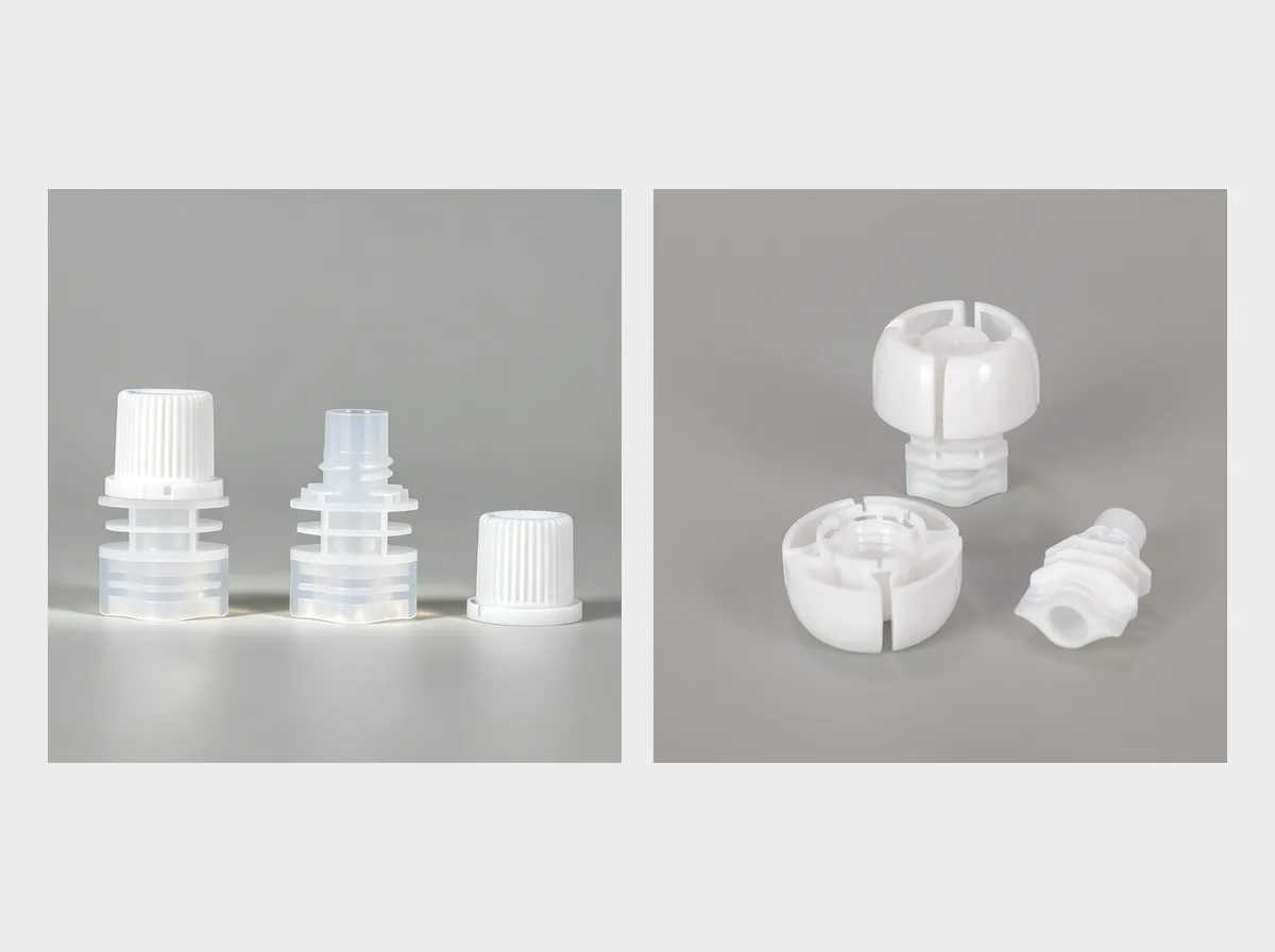 PE spout cap with translucent spout and opaque white cap beside a white PP anti-choking spout cap for stand-up pouches