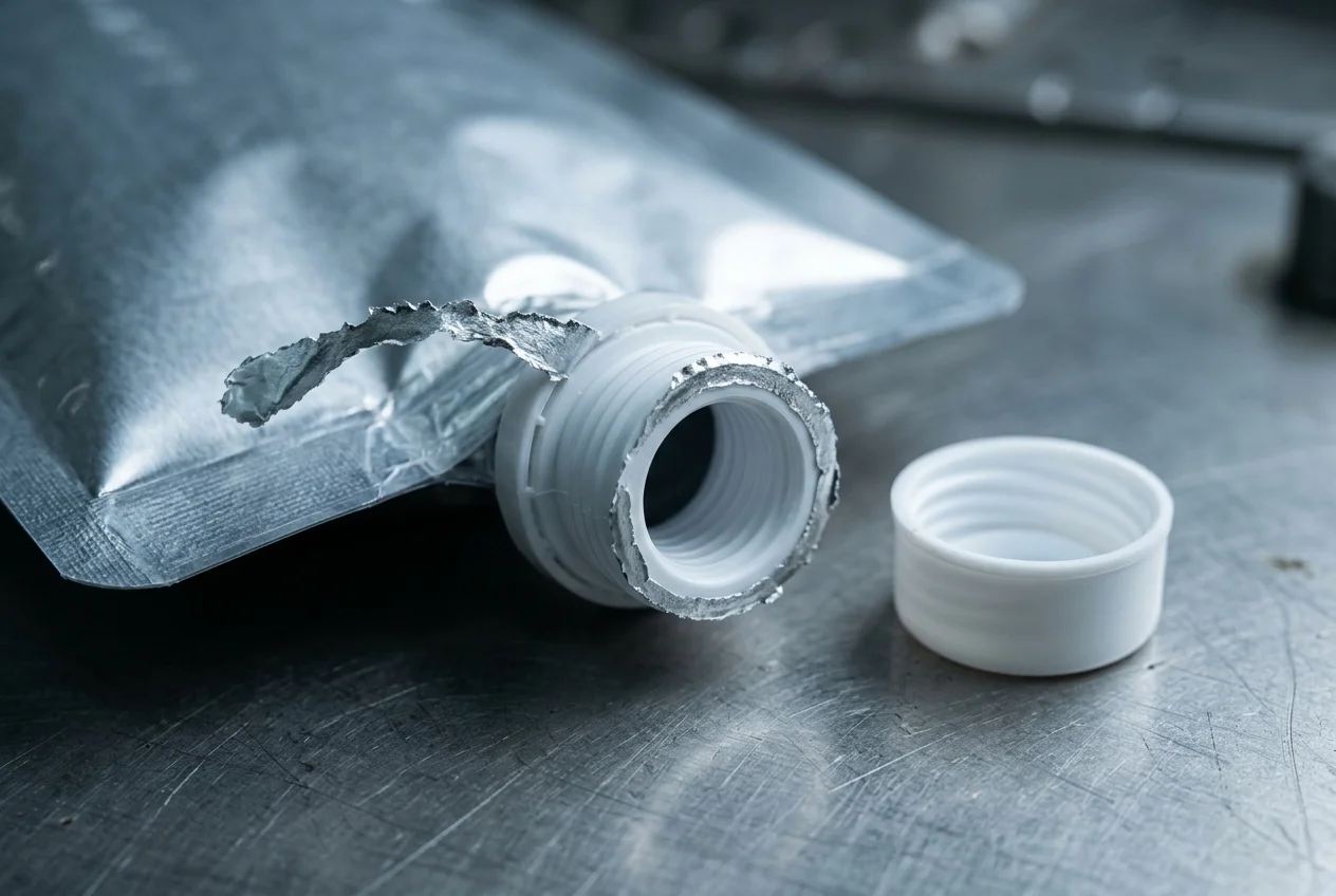 A partly peeled foil membrane with torn aluminium left fused to the edge of the spout land, the cap lying beside it