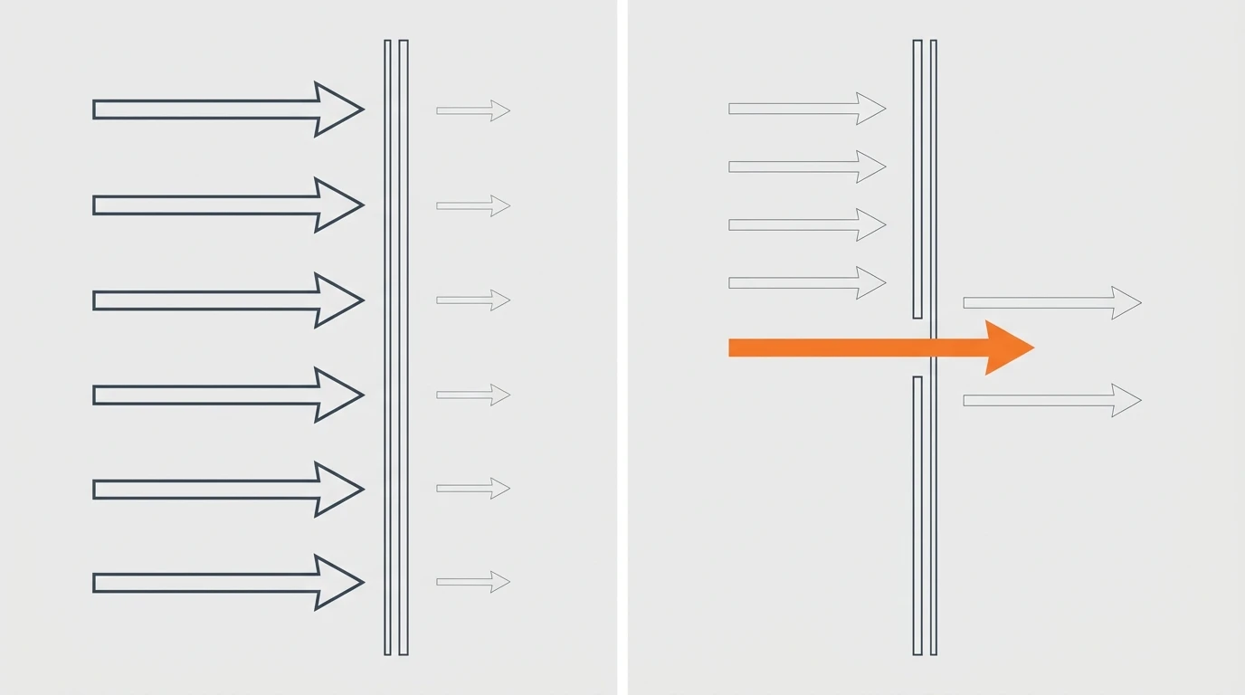 Two-panel comparison of oxygen moving through intact film by diffusion versus escaping through a channel at the seal edge by flow