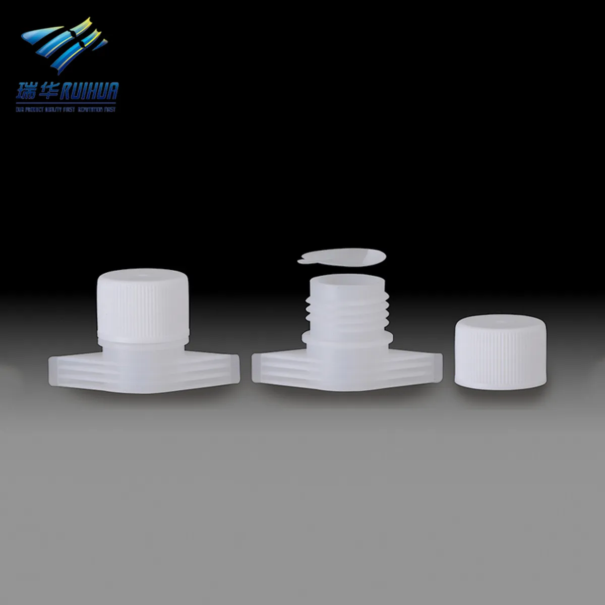 White plastic spout fitment with its screw cap and separate foil seal liner, used on a pharmaceutical stand-up pouch