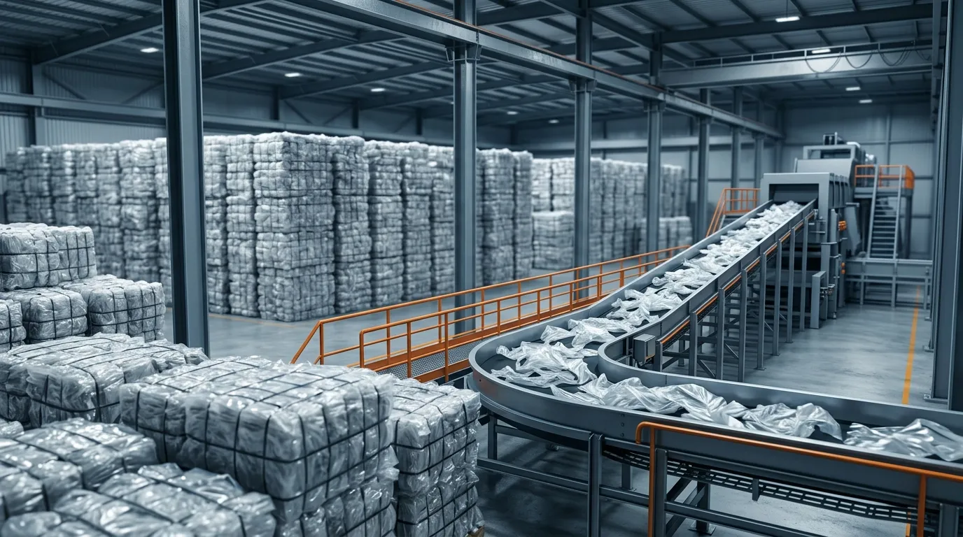 Bales of clear PE film stacked in a modern plastics recycling plant, with a conveyor carrying loose film