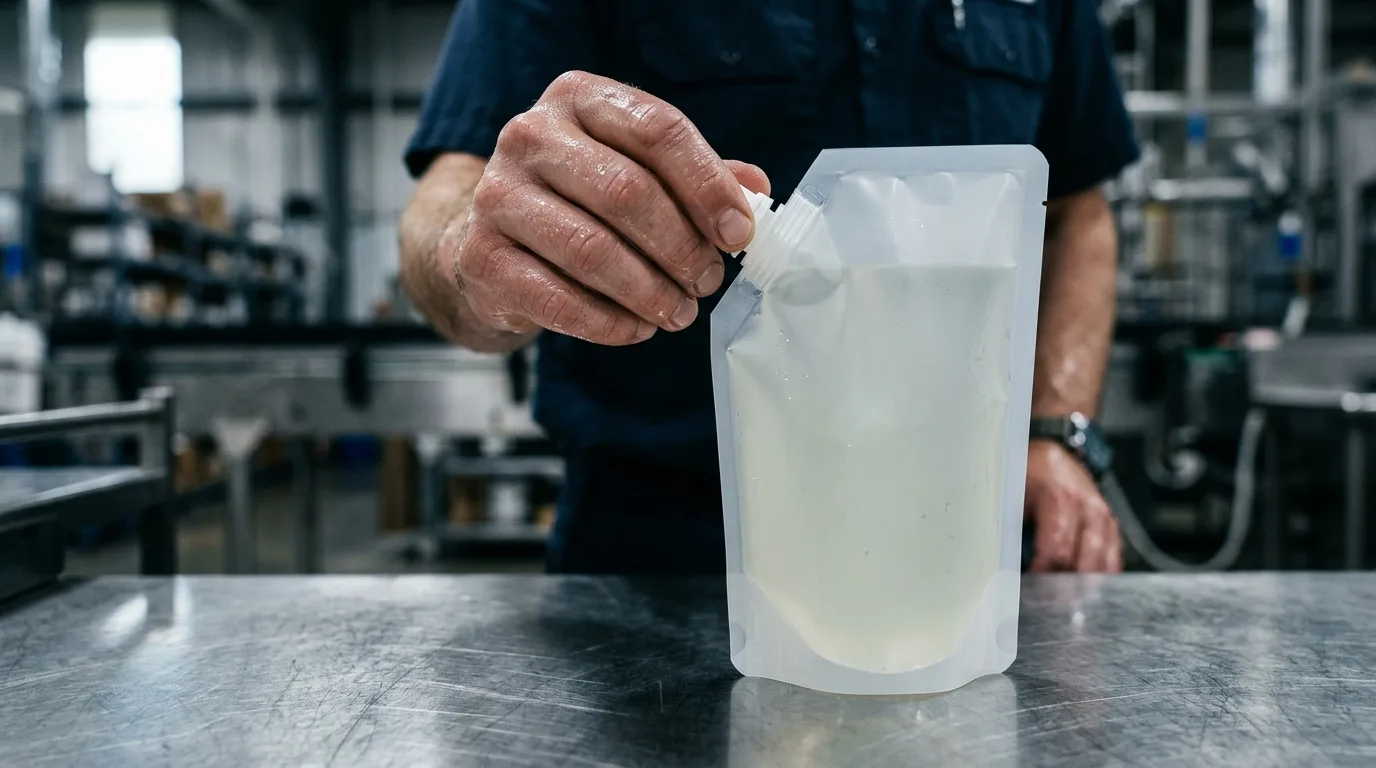 A hand with damp skin gripping a plastic spout cap on a stand-up pouch during an openability task at a bench