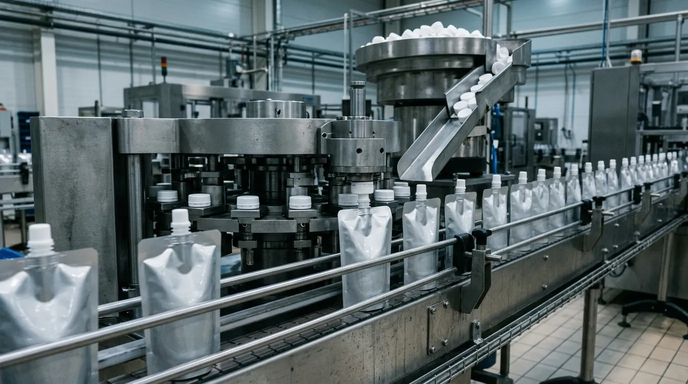 Spouted pouches passing through a capping station on a pouch filling line where caps are applied to the spout