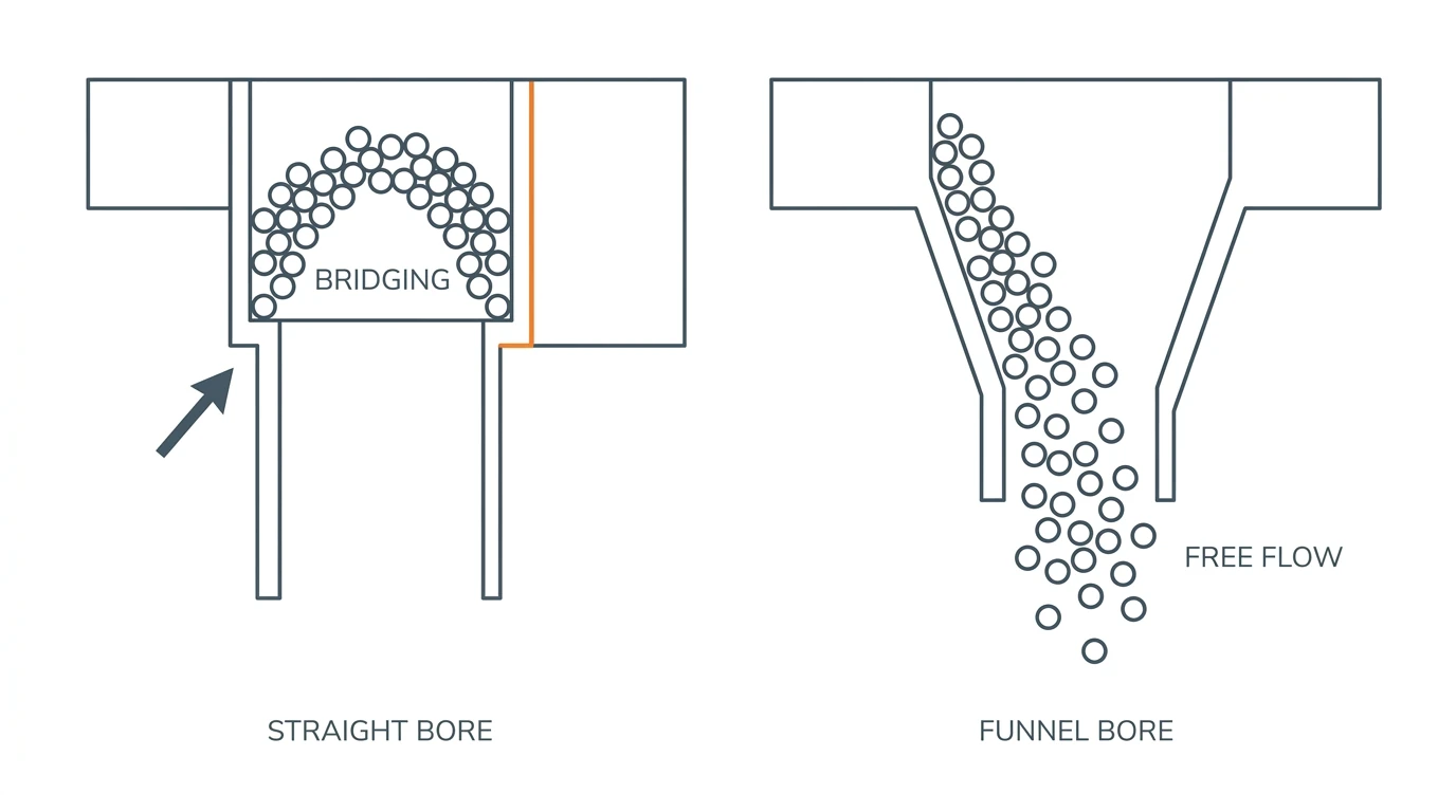 Cross-section diagram comparing a straight bore where powder arches with a funnel bore where powder flows freely