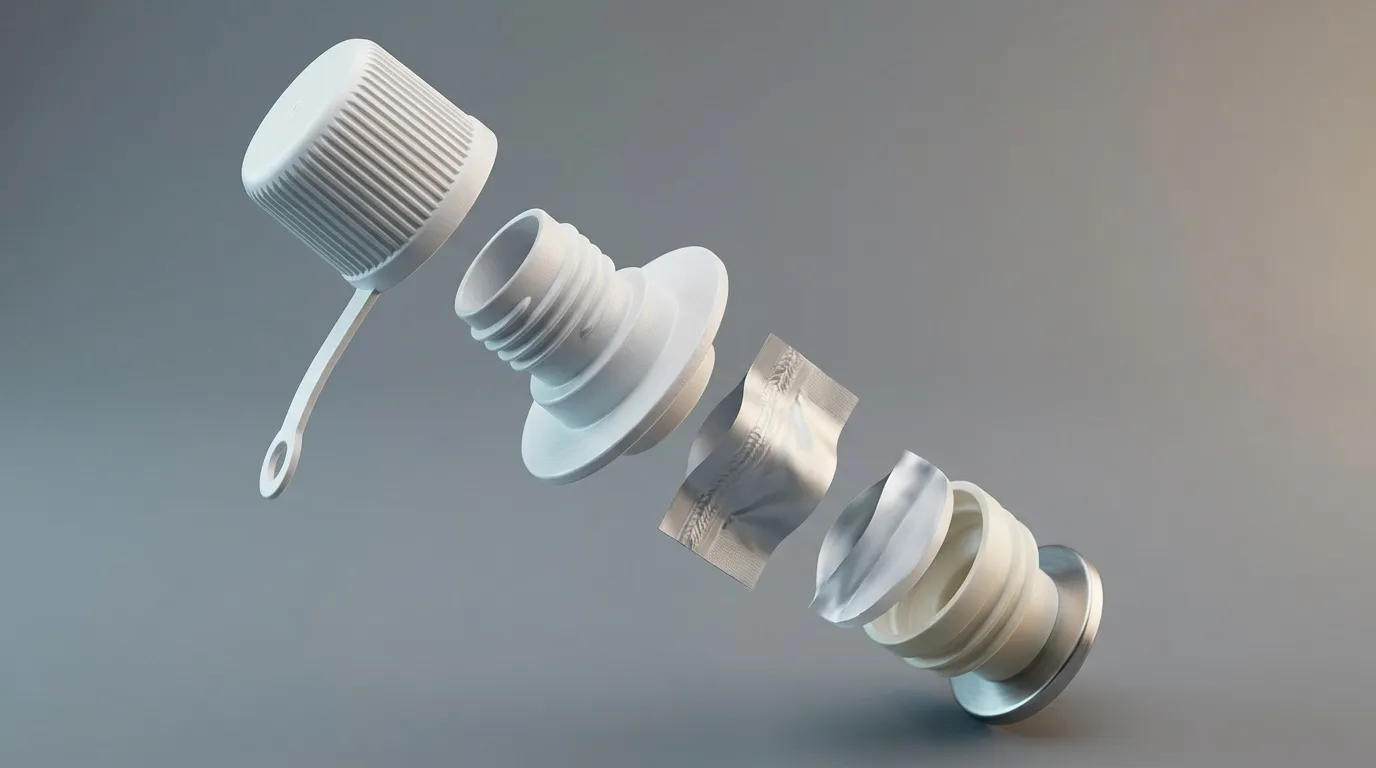An exploded arrangement of a white spout cap with its tether strap, a threaded spout fitment and a piece of flexible pouch film on grey