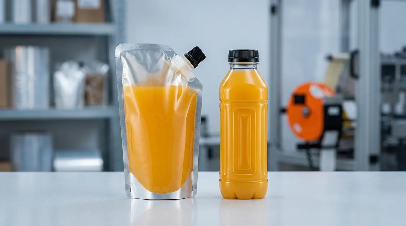 Stand-up pouch with tethered spout cap next to a PET bottle, illustrating the scope question of the EU tethered cap rule