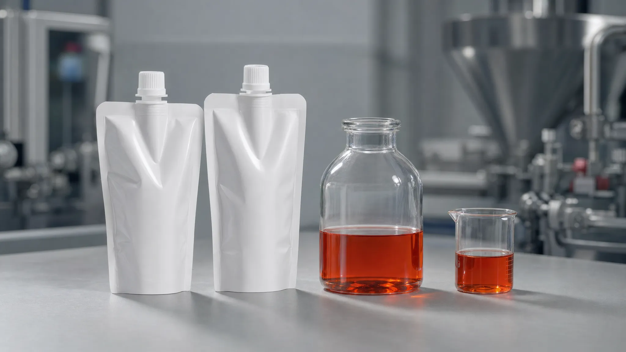 A pour test bench with filled spouted pouches, a target bottle and a measuring beaker on a gray surface