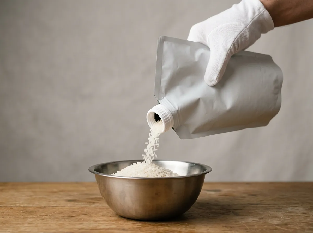 Opening a large-bore spout on a stand-up pouch to pour rice grains