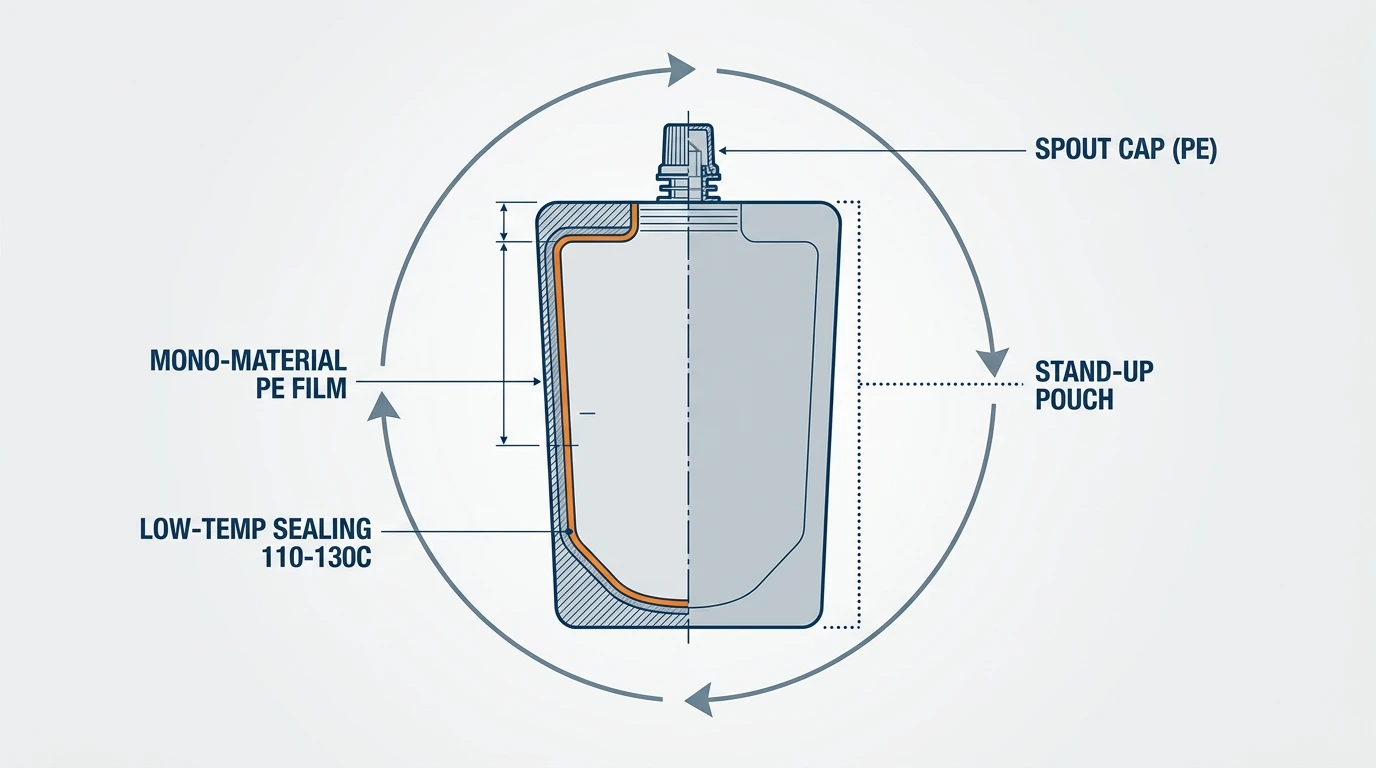 Mono-material PE stand-up pouch with a low-temperature-sealed spout cap inside a recycling loop