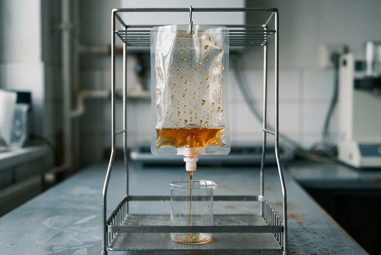An emptied refill pouch inverted on a draining rack over a beaker, with product collecting in the glass