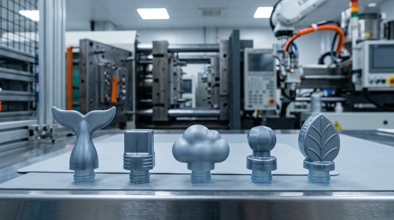 Five differently shaped injection-molded spout caps — whale-tail, square, cloud, hex-ball and leaf — standing together