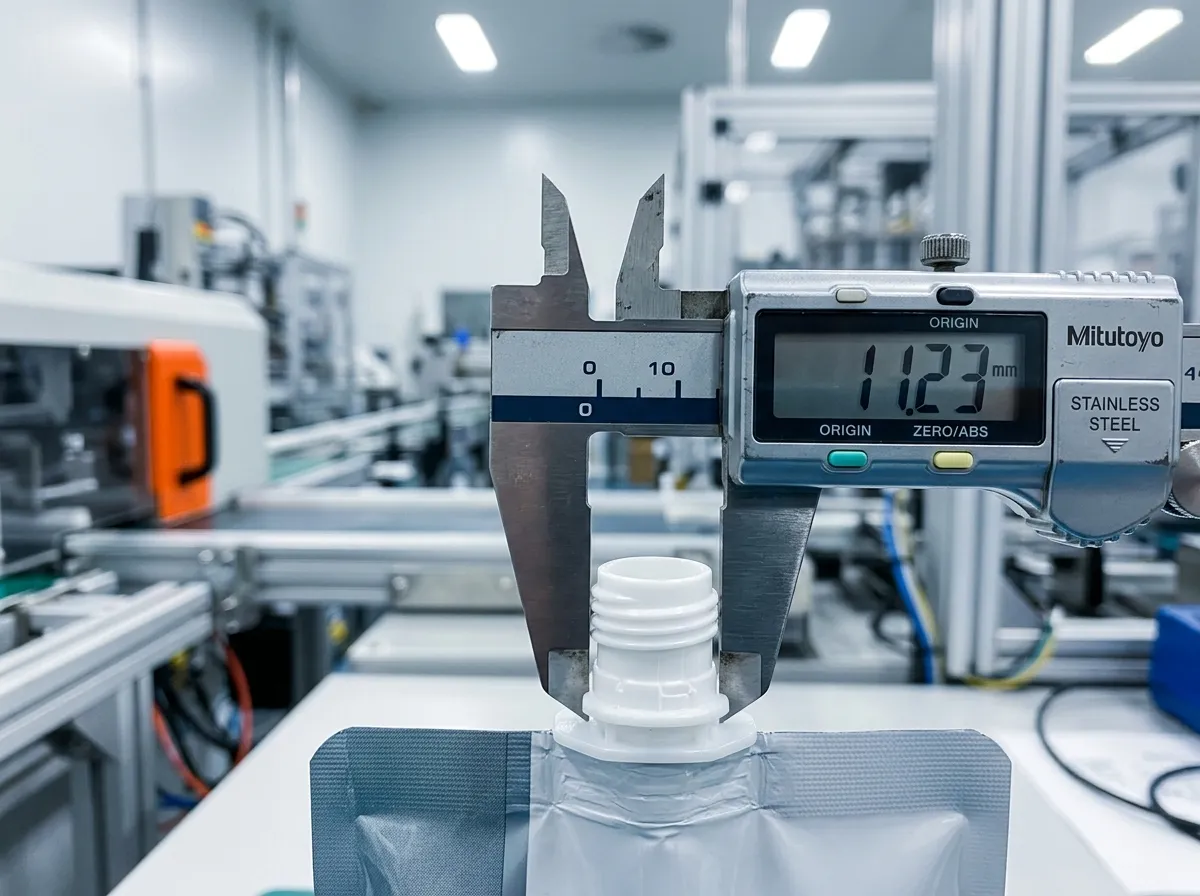 Digital caliper measuring the inner bore of a white plastic spout cap for a stand-up pouch
