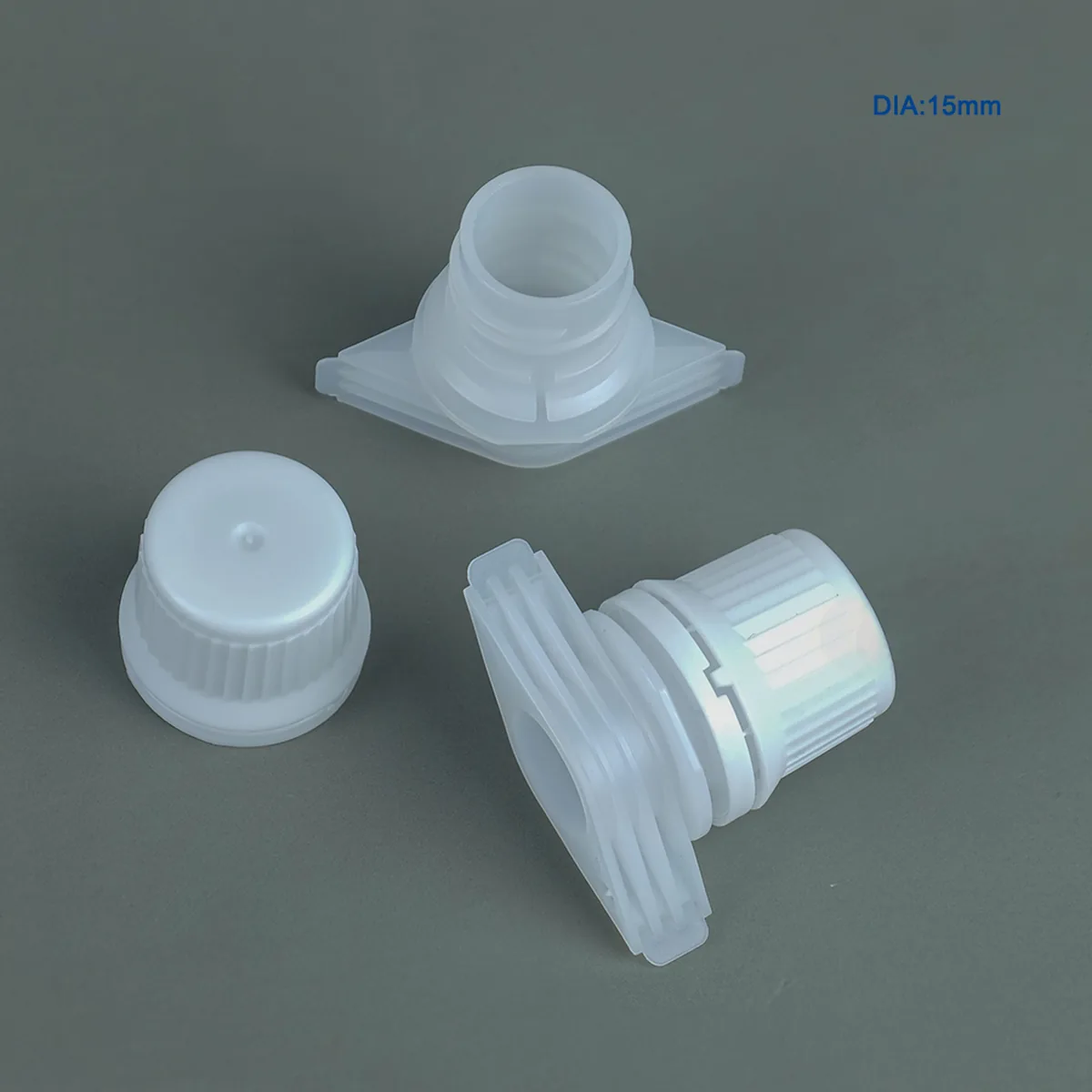 White 15 mm spout cap and screw cap used on milk powder, flour and sugar stand-up pouches