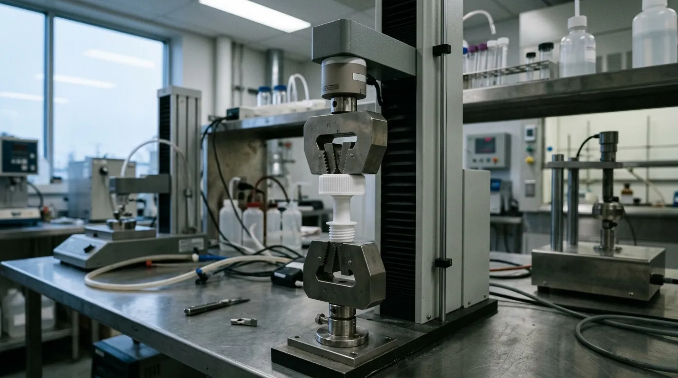 Spout cap assembly gripped in a tensile testing machine on a lab bench during an attachment-strength pull test