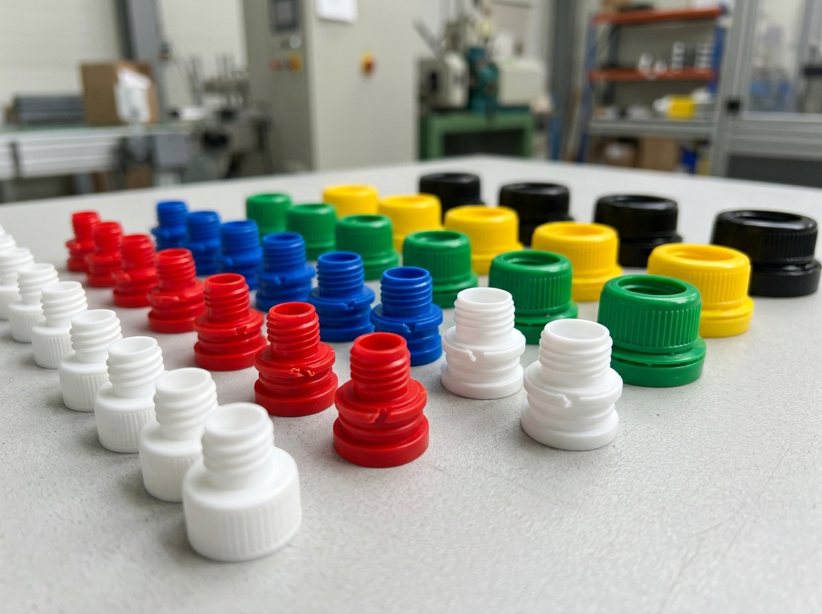 Assorted custom spout caps in different diameters and Pantone colors for stand-up pouch packaging