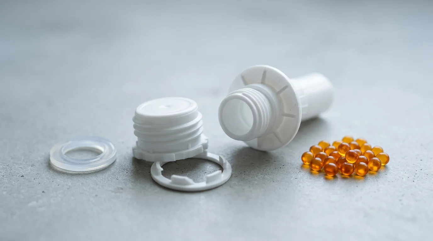 Exploded view of a food-grade pouch spout cap showing spout body, screw cap and sealing gasket