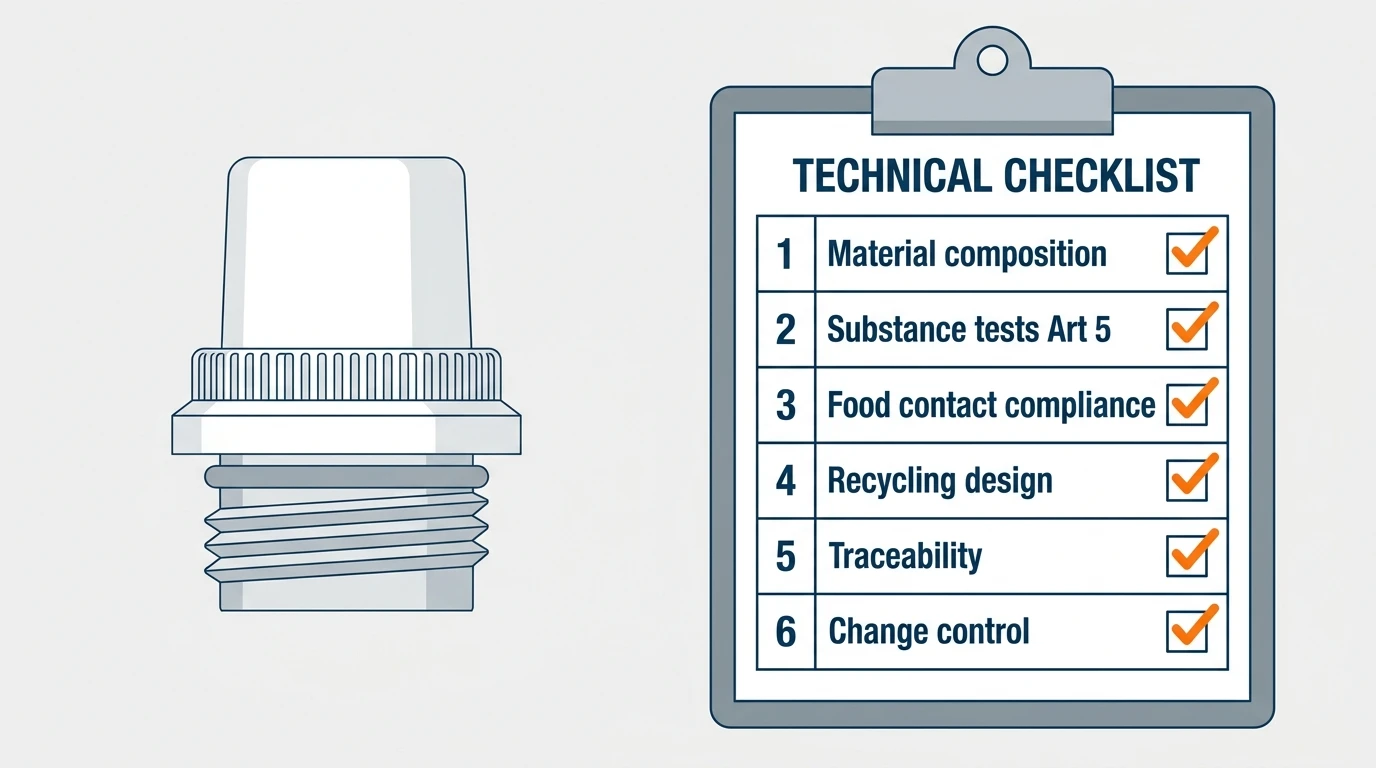 Component documentation checklist for spout caps: material composition, substance tests, food contact, recycling design, traceability and change control